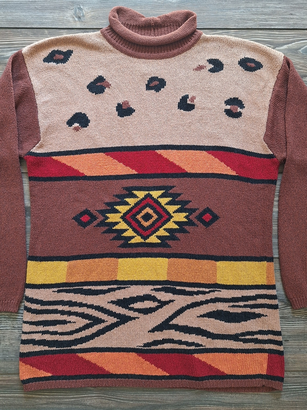 Vintage 90s August Silk Knits Mixed Print Sweater Earthy Southwestern Aztec